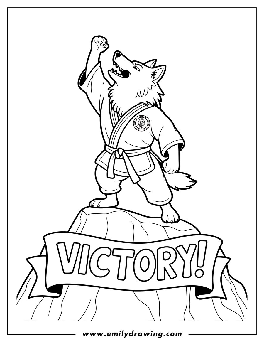 Line art of a wolf in martial arts clothing standing on a rock with a 'Victory' banner, celebrating a win.