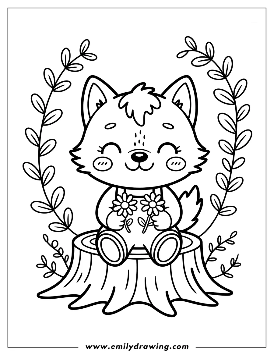 Outline of a wolf sitting on a tree stump and holding two flowers, framed by leaves.
