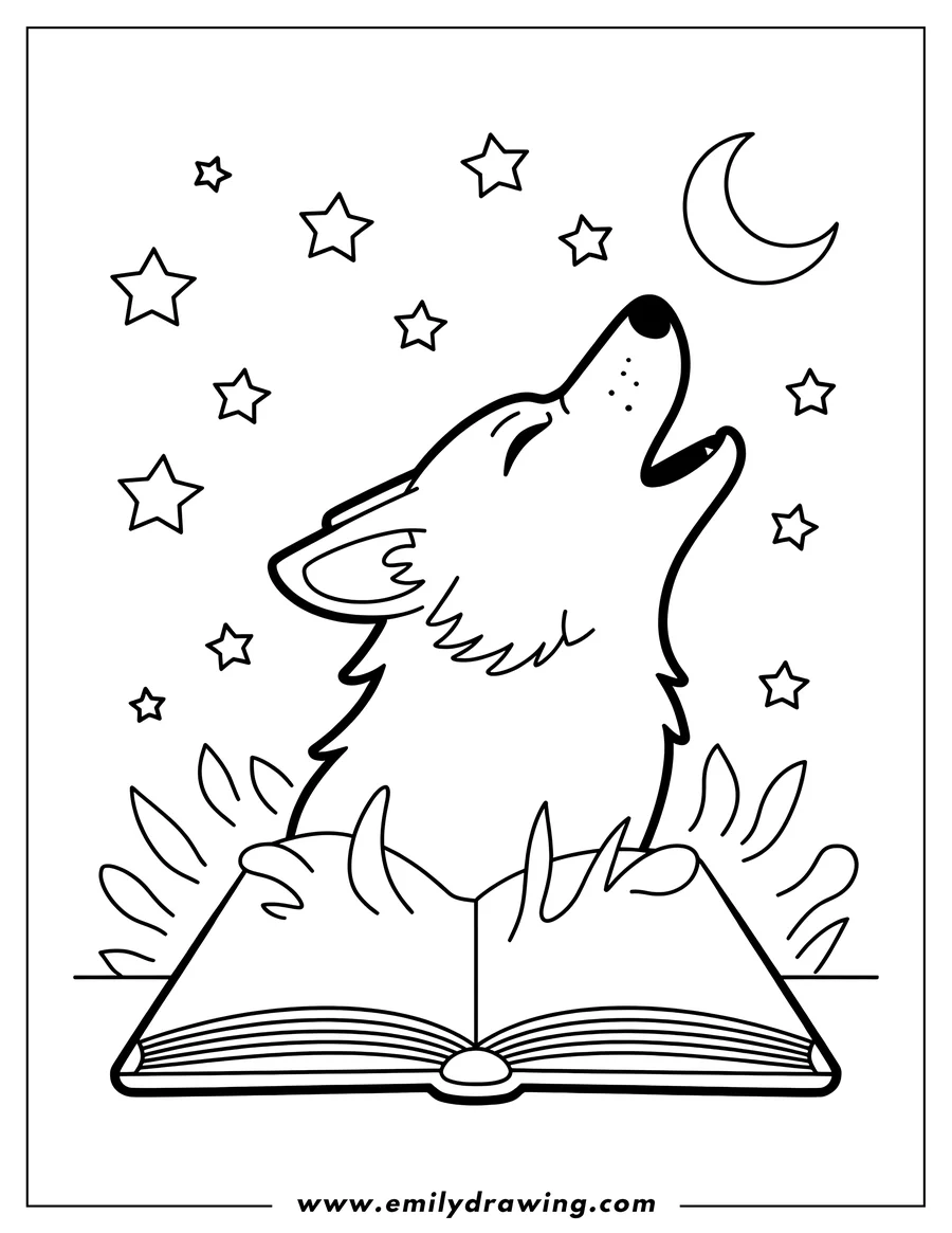 Line art of a wolf howling at the moon, sitting behind an open book.