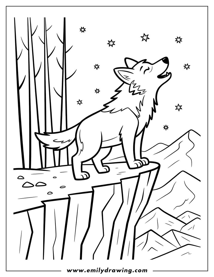 Line art of a wolf howling on a cliff, with stars and a forest in the background.