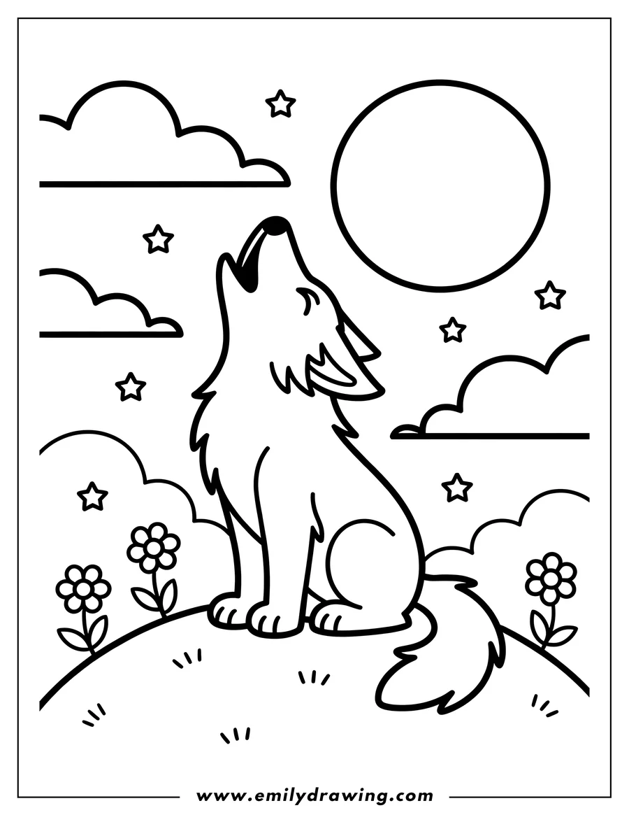 Line art of a wolf howling at the full moon, sitting on a small hill with flowers and stars in the background.