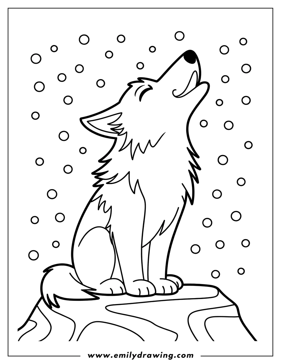 Line art of a wolf howling in the snow.