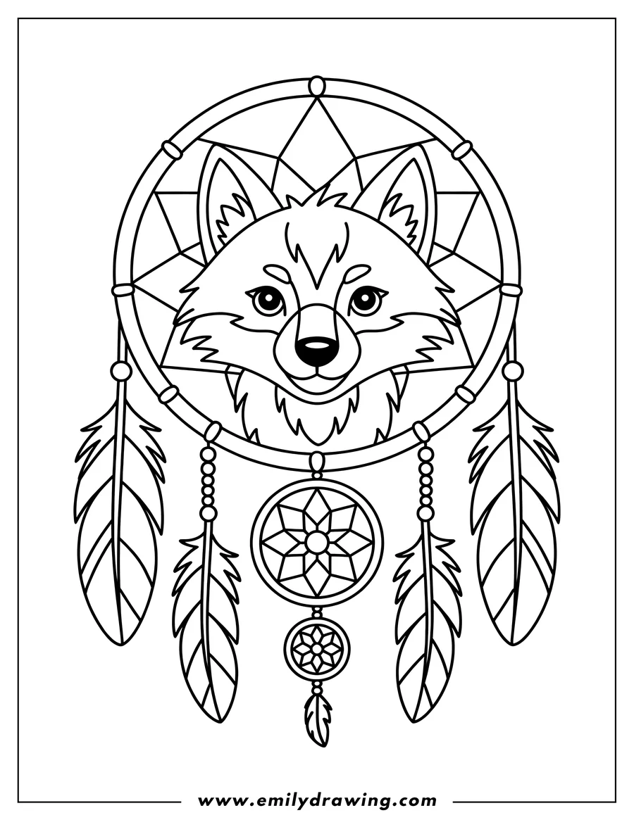 Outline of a wolf's head inside a dreamcatcher decorated with feathers and beads.