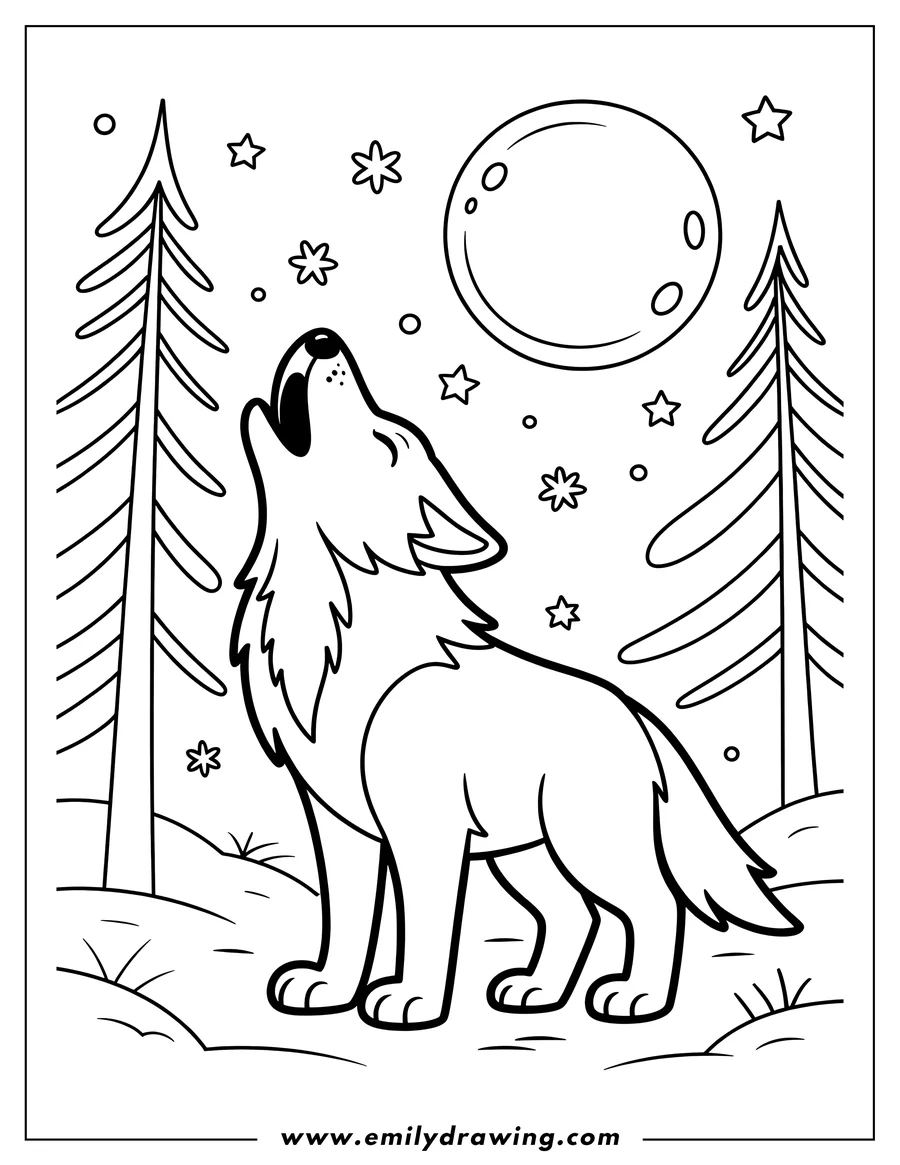 Line art of a wolf standing in the forest at night, howling at the moon. Two pine trees frame the wolf on either side.