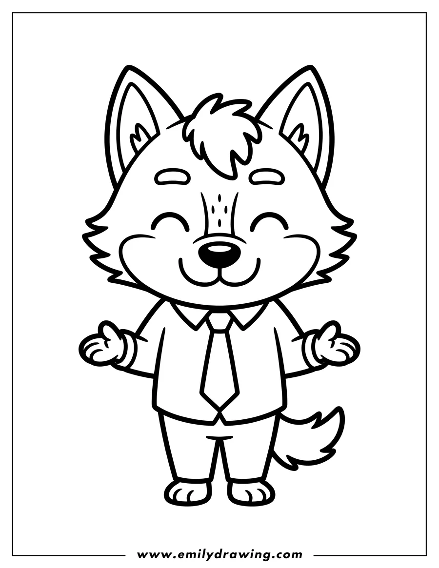 Line art of a wolf wearing a suit and tie.