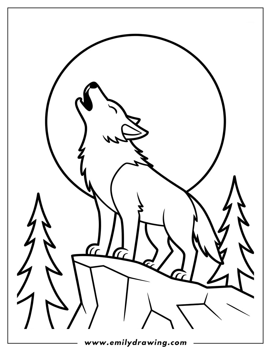 Line art of a wolf standing on a mountain top, howling at the full moon. Two stylized pine trees flank the rock on either side.