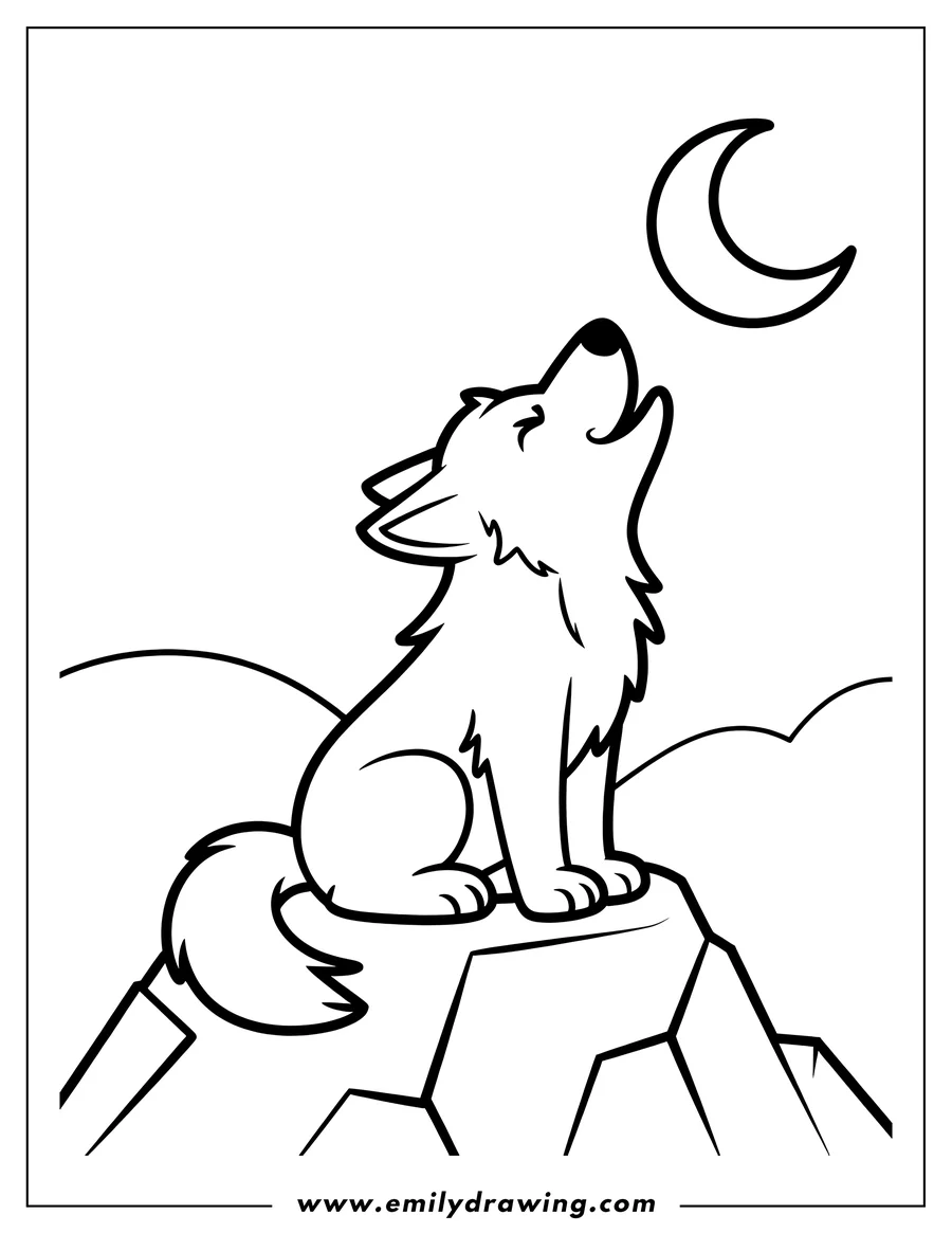 Line art of a wolf pup sitting on a rock, looking up at a crescent moon.