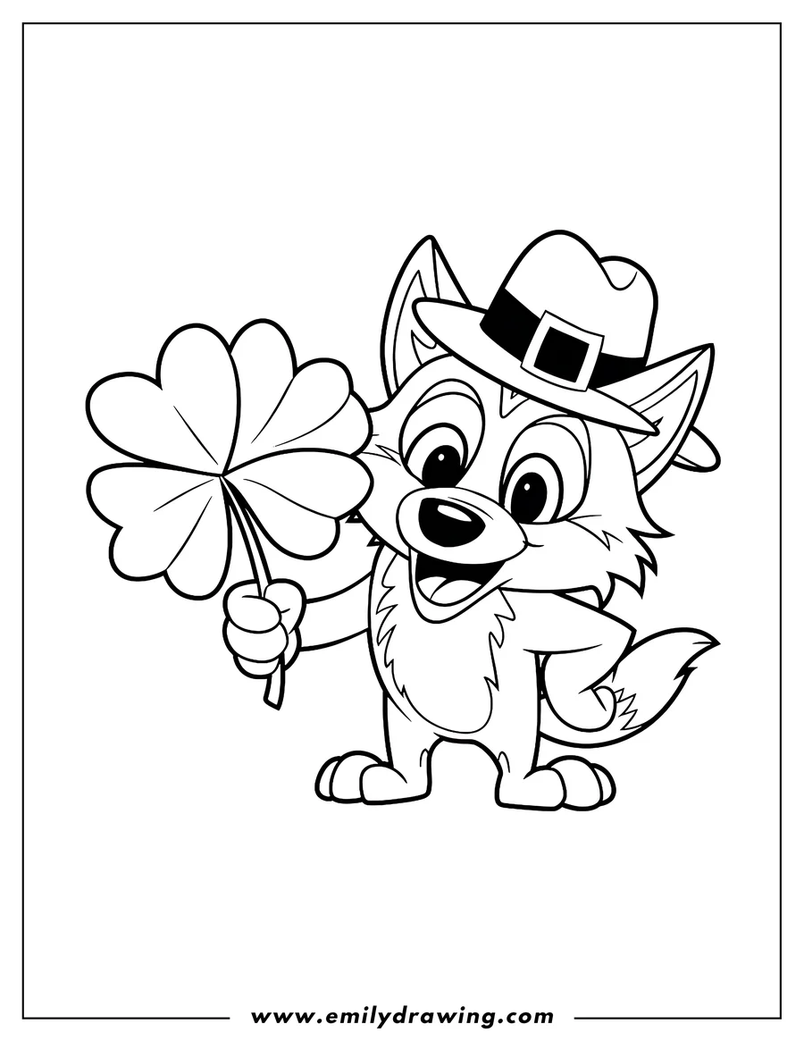 Line art of a cheerful wolf wearing a hat and holding a four-leaf clover.