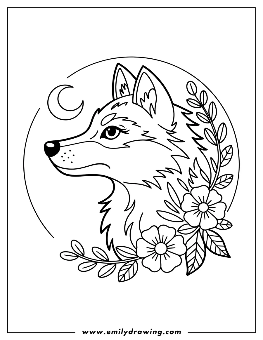 Outline of a wolf's head with flowers and a crescent moon in the background.
