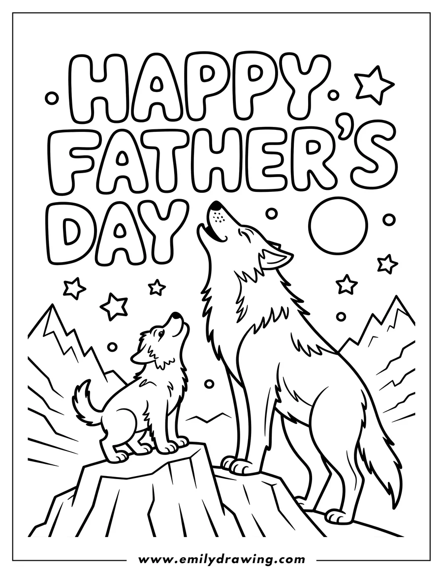 Outline of two wolves, an adult and a pup, howling at the moon in a mountainous landscape.