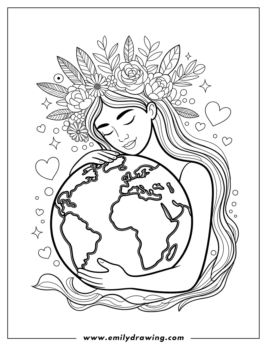 Line art of a woman wearing a flower crown and gently hugging the Earth. Small hearts and decorative swirls surround her.