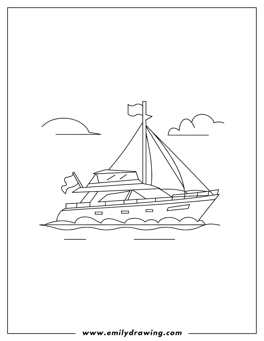 Outline of a yacht sailing on the water with clouds in the sky.