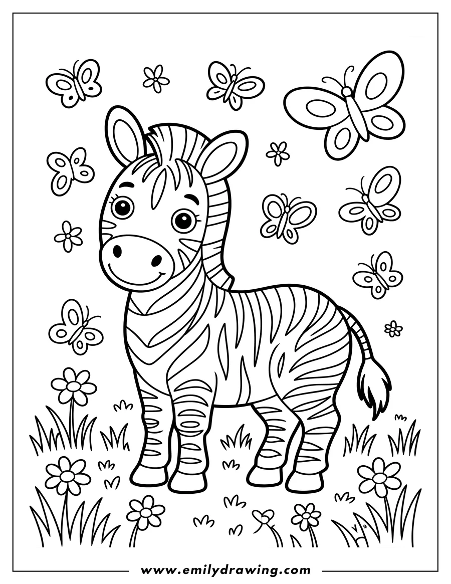 Line art of a zebra surrounded by butterflies and flowers.