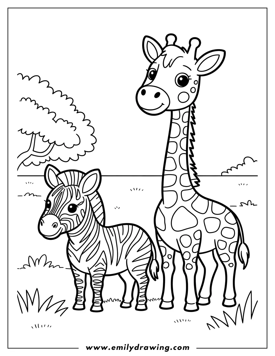 Line art of a zebra and giraffe standing in a field.