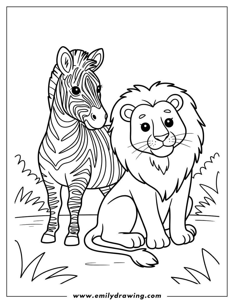 Outline of a zebra and lion standing together