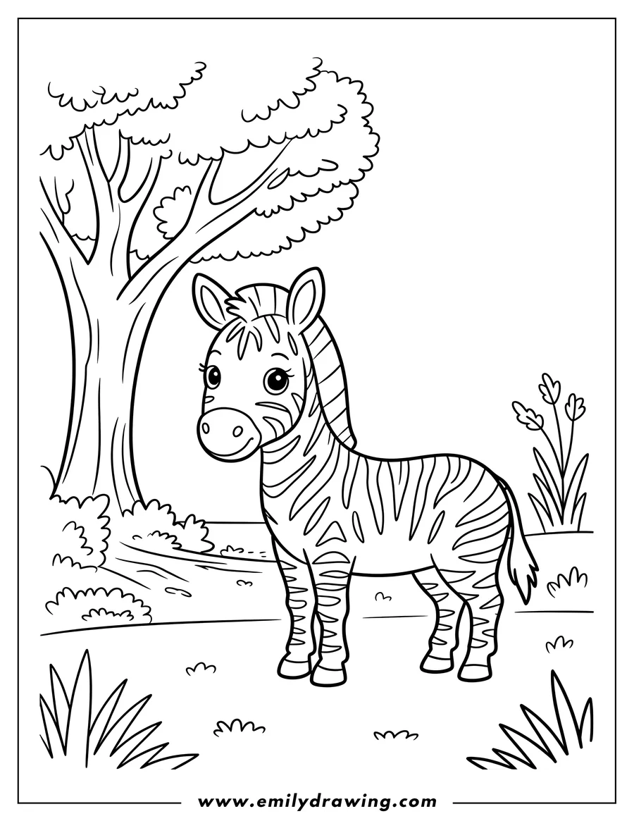 Outline of a zebra standing near a tree in a grassy area.