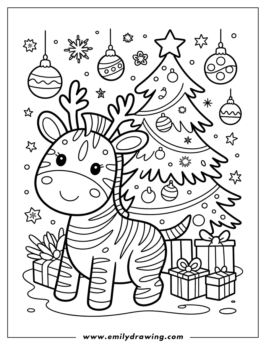 Line art of a zebra wearing reindeer antlers, standing next to a decorated Christmas tree with presents underneath.