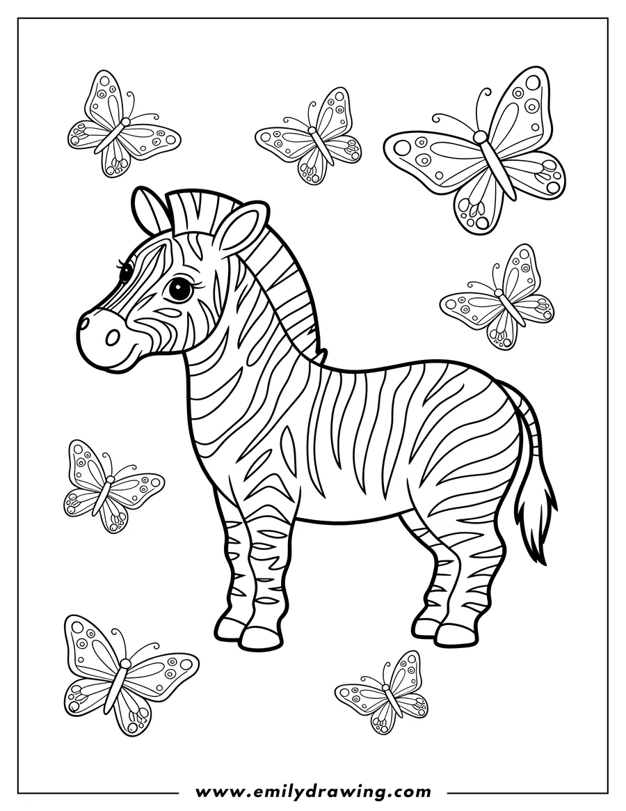 Outline of a zebra with multiple butterflies fluttering around it.