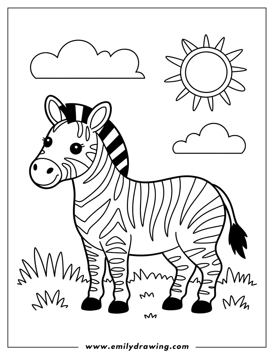Outline of a zebra standing in the grass, with a sun and clouds in the sky.
