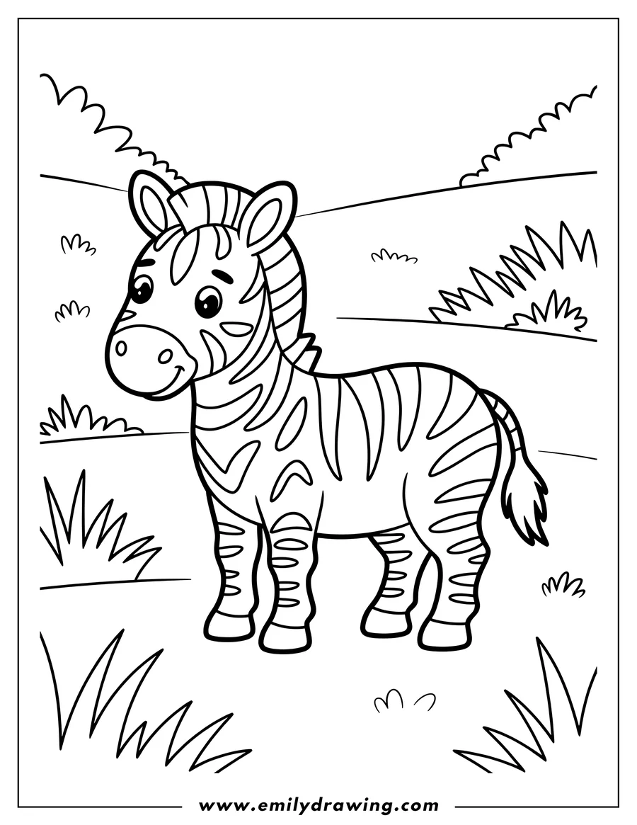 Outline of a zebra standing in a grassy field. It's a simple, friendly-looking zebra, perfect for coloring.