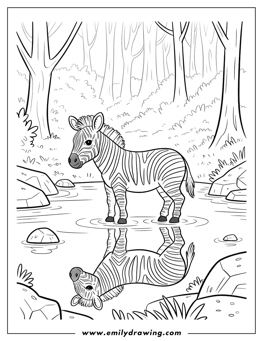 Outline of a zebra standing in shallow water with its reflection visible below.