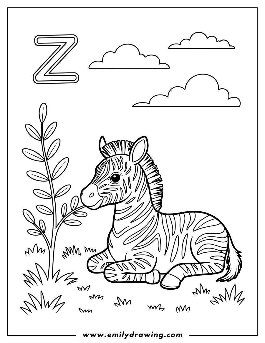 Outline of a baby zebra lying down, nibbling on a leafy branch.  There are clouds in the sky and grass on the ground.