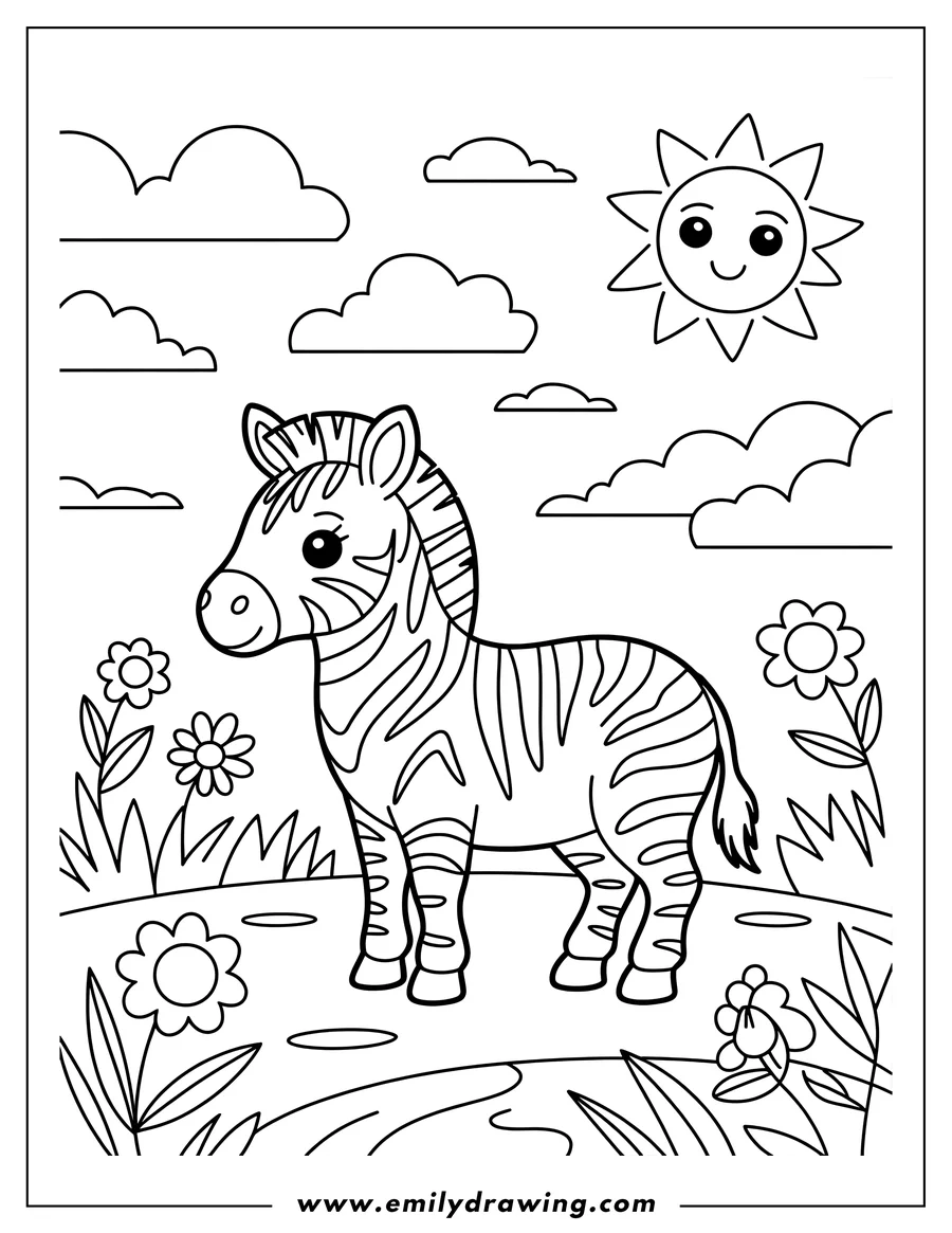 Outline of a zebra standing in a meadow with flowers, grass, clouds, and a smiling sun.