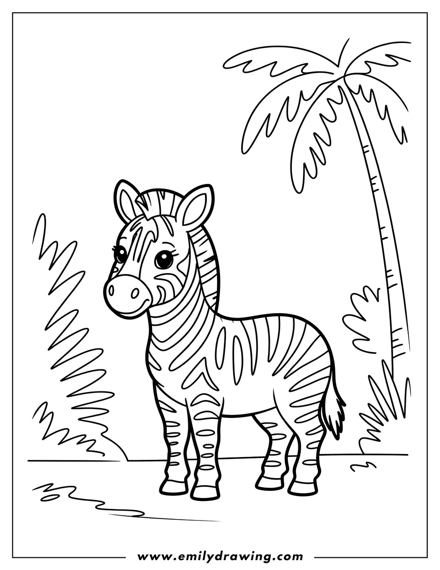 Outline of a zebra standing near a palm tree. It has distinctive black and white stripes and a short mane.