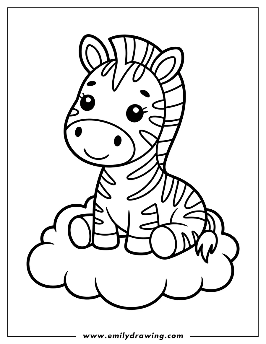 Outline of a baby zebra sitting on a fluffy cloud.