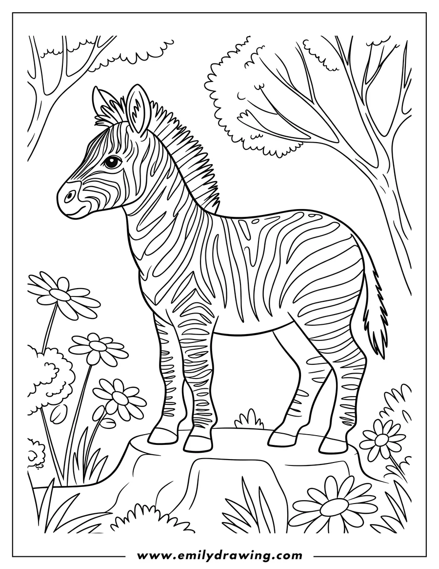 Outline of a zebra standing on a rock, surrounded by flowers and trees.