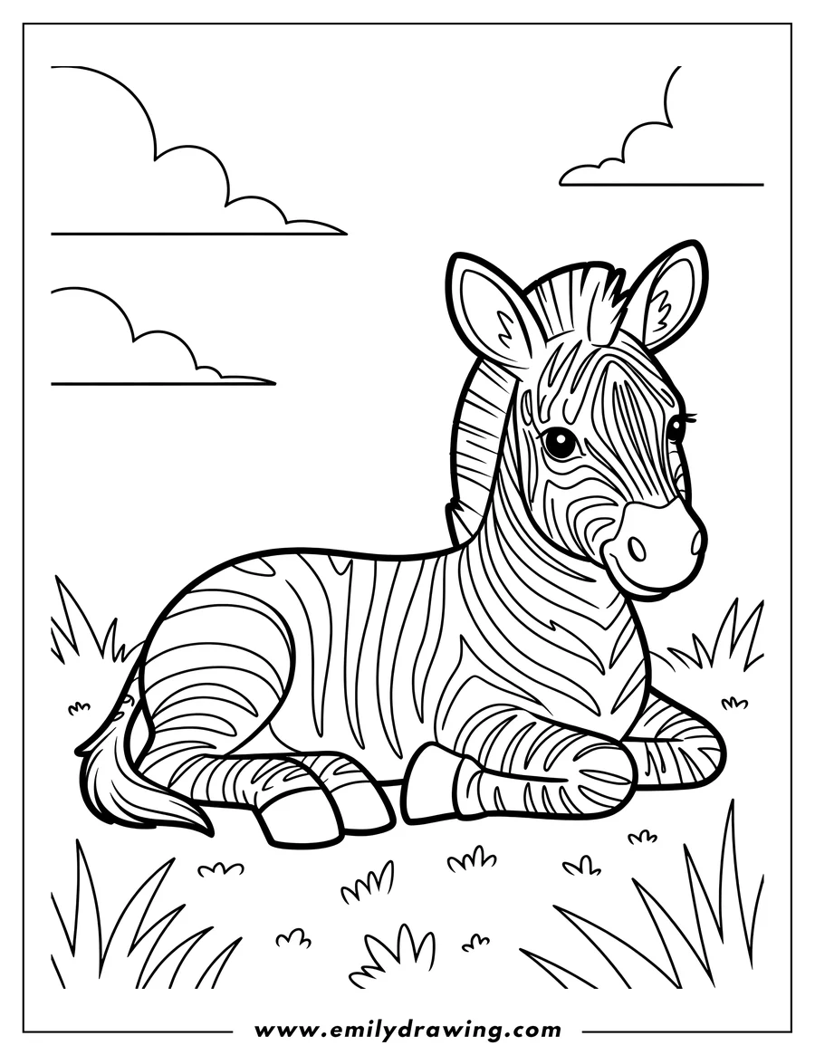 Outline of a zebra foal resting in the grass with clouds in the sky.
