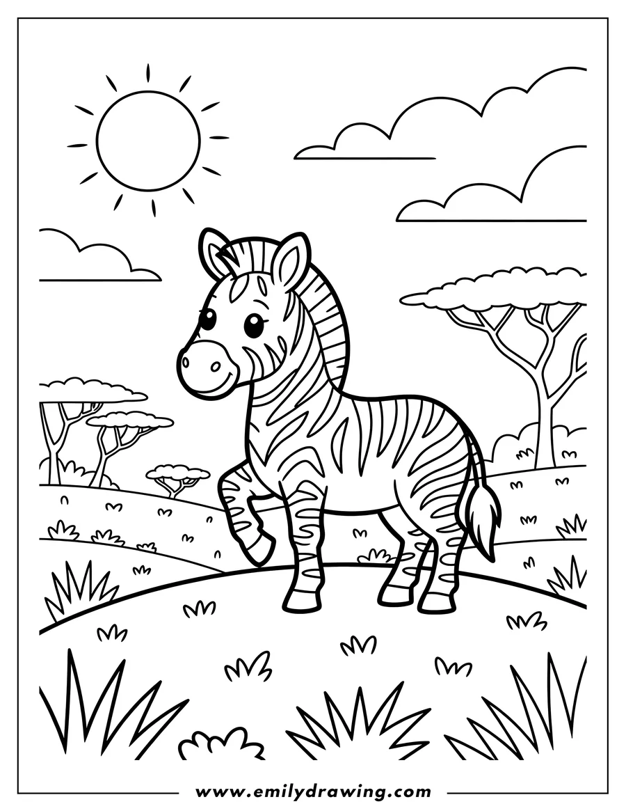 Outline of a zebra standing in a savanna landscape with trees, grass, clouds, and sun.