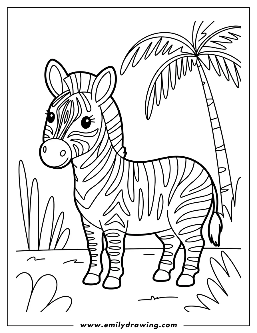 Outline of a zebra standing under a palm tree.