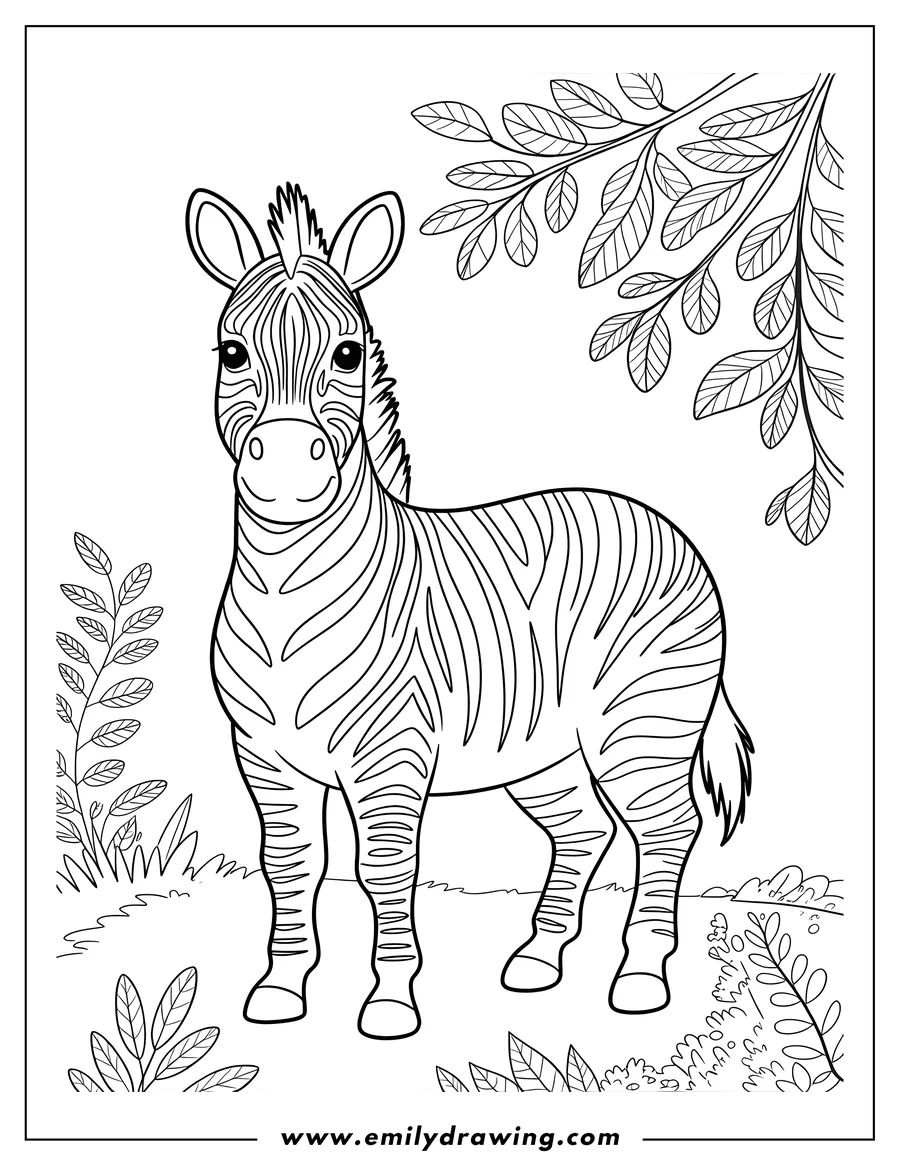Outline of a zebra standing under a leafy tree.