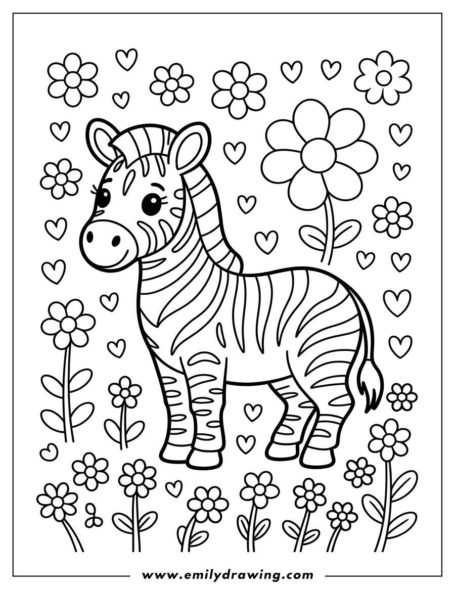 Outline of a zebra standing amongst flowers and hearts.