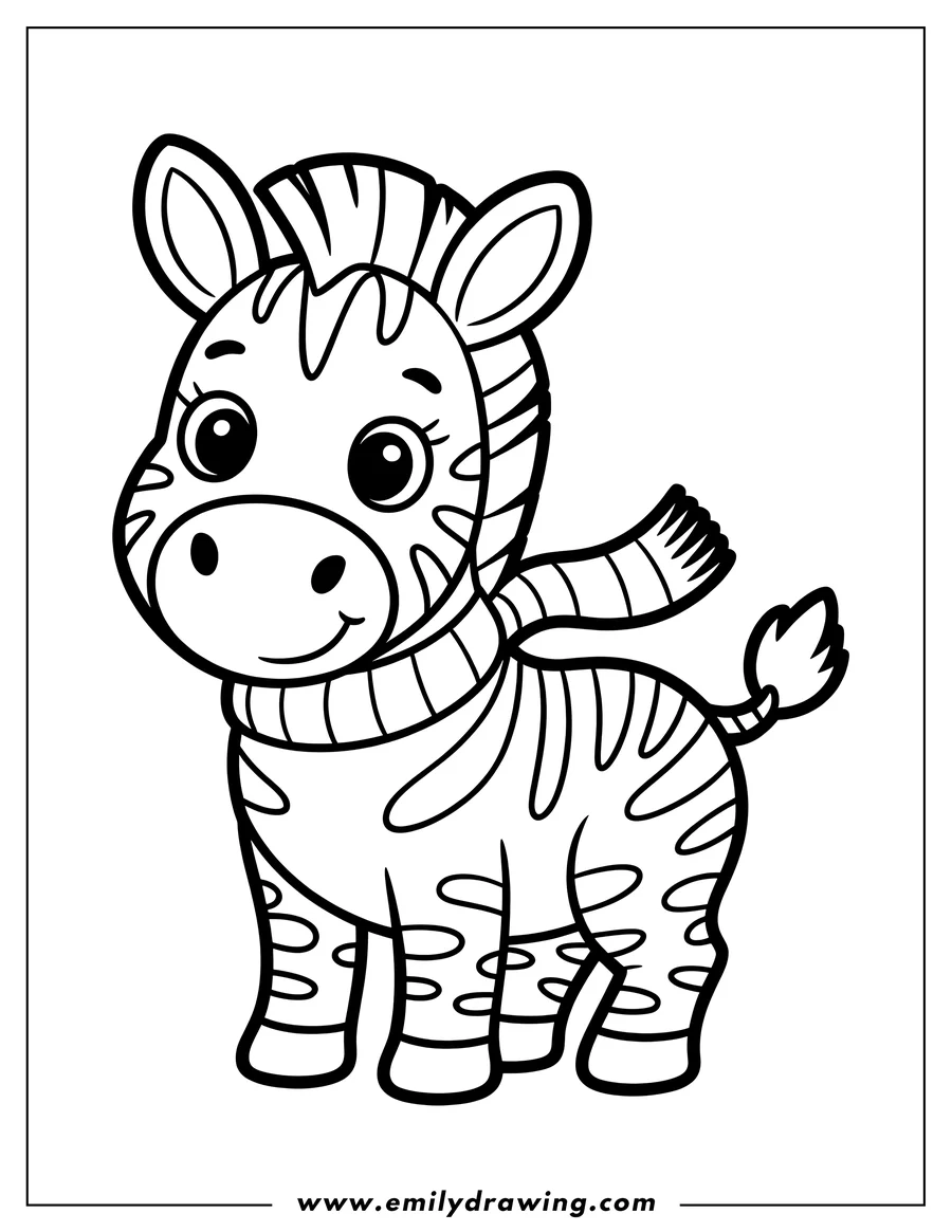 Outline of a zebra wearing a striped scarf. It's ready to be colored in!