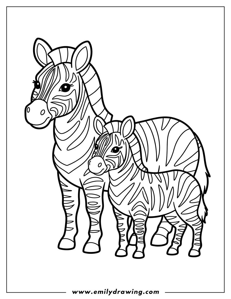 Outline of two zebras, an adult and a foal, standing together.