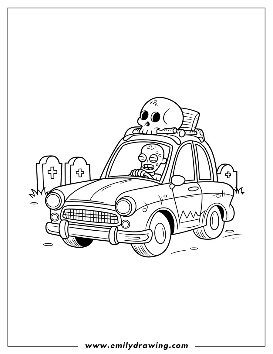 Outline of a zombie driving a car with a skull on the roof rack, near gravestones.